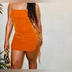 Velvet orange midi tie up dress
